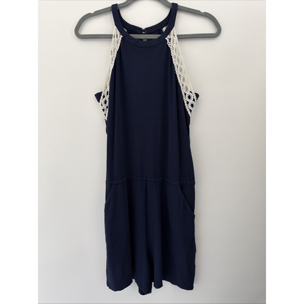 Lilly Pulitzer Romper Lala Resort Navy Blue Crochet Trim Sz S Coastal Vacation - Picture 2 of 12
